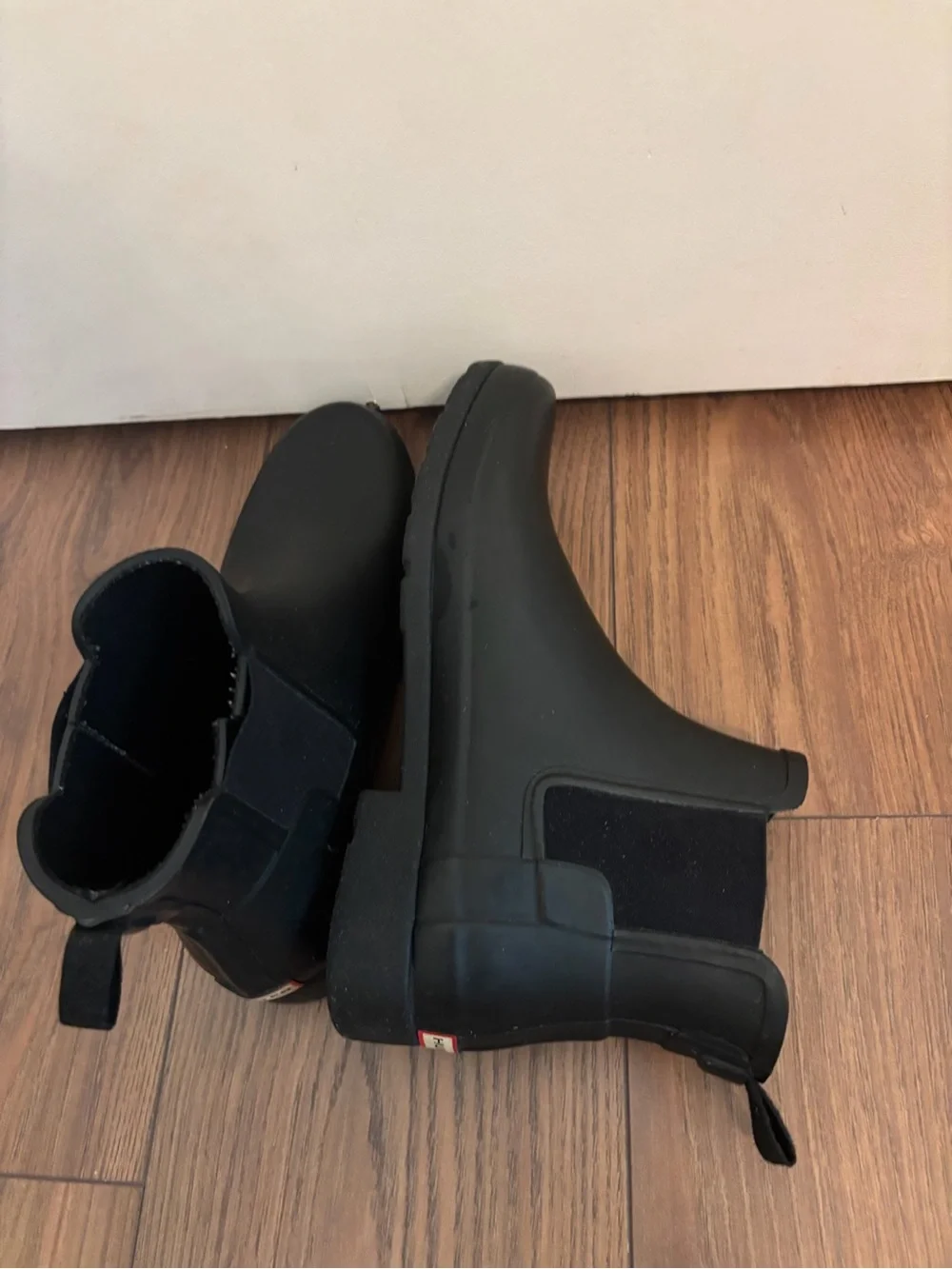 Hunter Black Rubber Slip-On Rain Boots with Treaded Outsole